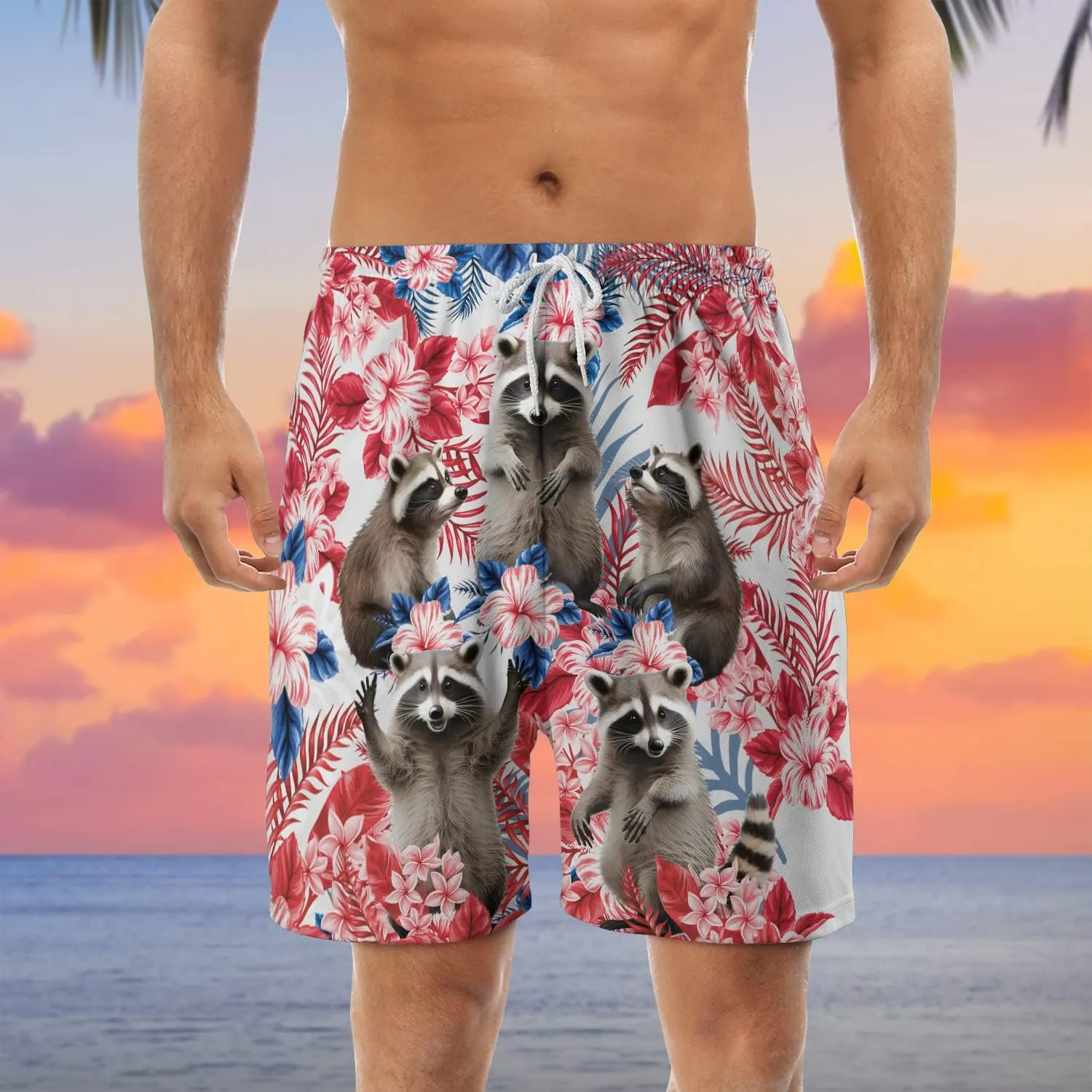 Raccoon Men's Quick Dry - Animal Lover Hawaiian Shorts for Men - Beach Shorts Swim Trunks Set 5 (TND-LN-1)