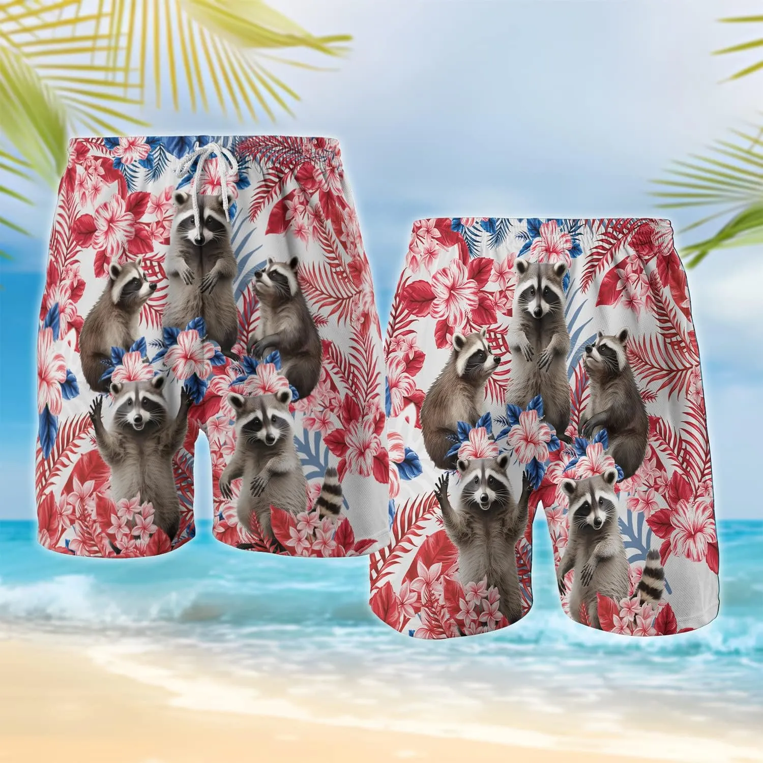 Raccoon Men's Quick Dry - Animal Lover Hawaiian Shorts for Men - Beach Shorts Swim Trunks Set 5 (TND-LN-1)