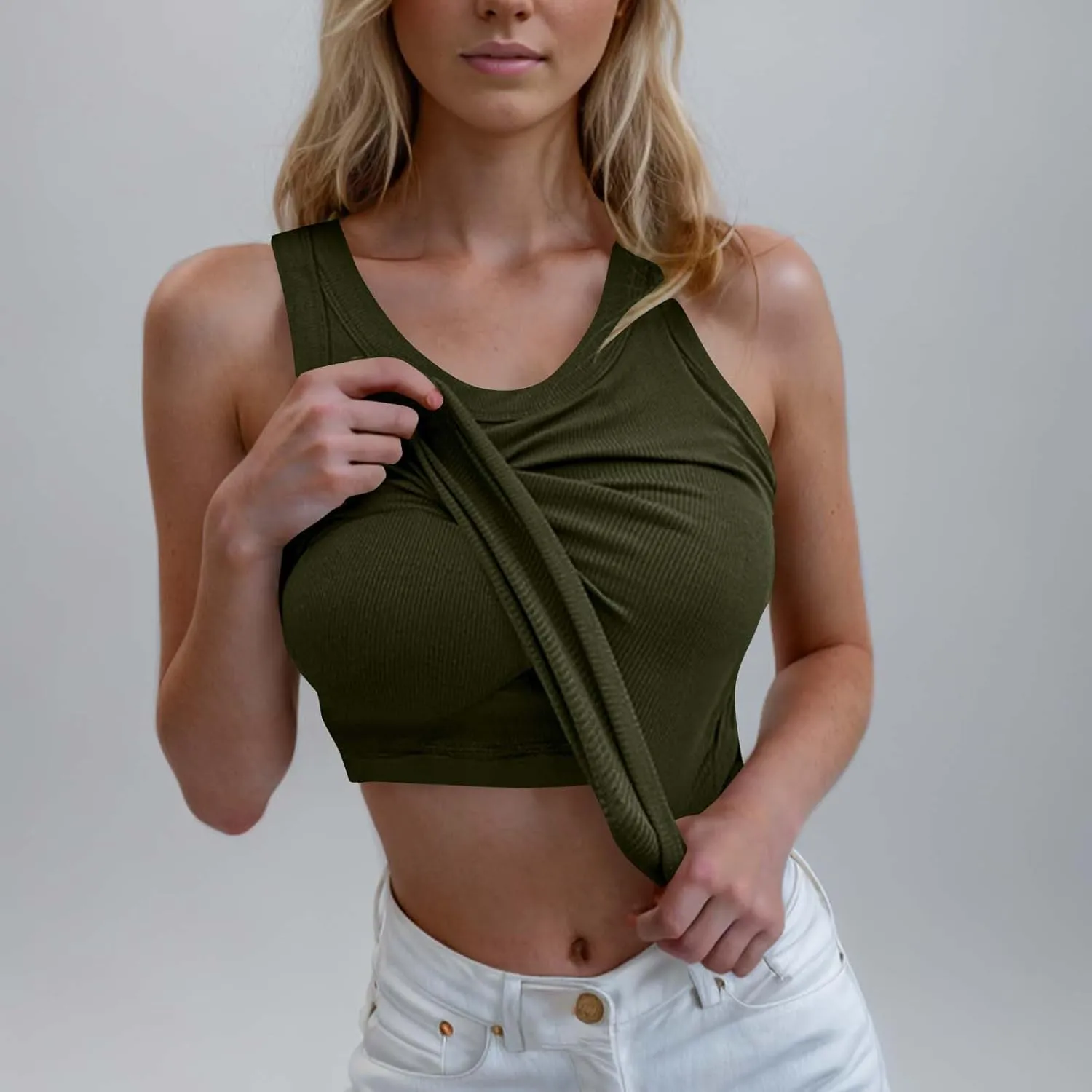 Racerback Tank Tops for Women Built in Bra Summer Casual Shirts Gym Yoga Workout Sports Bras Ribbed Padded Camisole