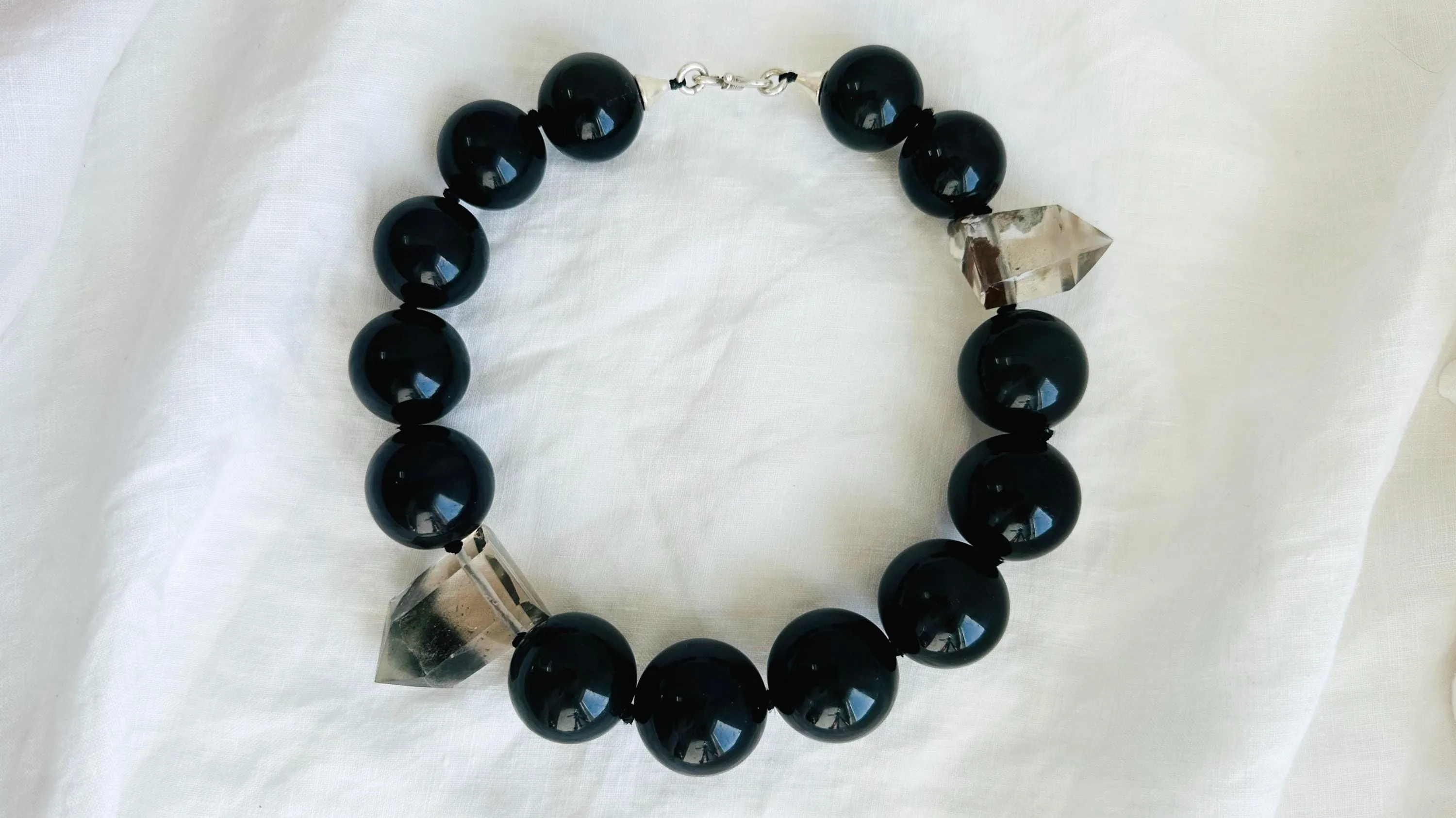 Rainbow Obsidian and Garden Quartz Necklace. Handmade Designer Beaded Necklace.