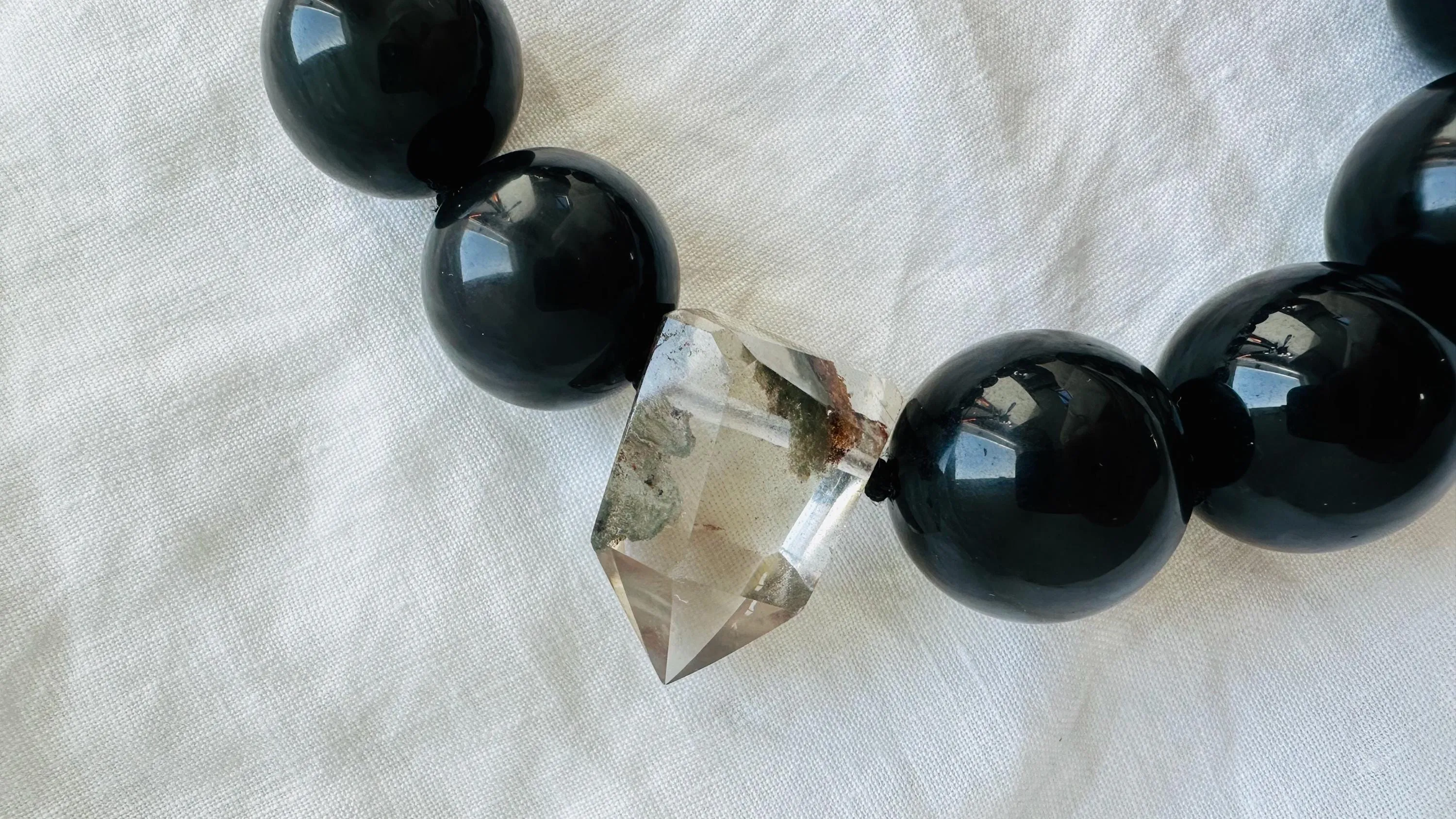 Rainbow Obsidian and Garden Quartz Necklace. Handmade Designer Beaded Necklace.