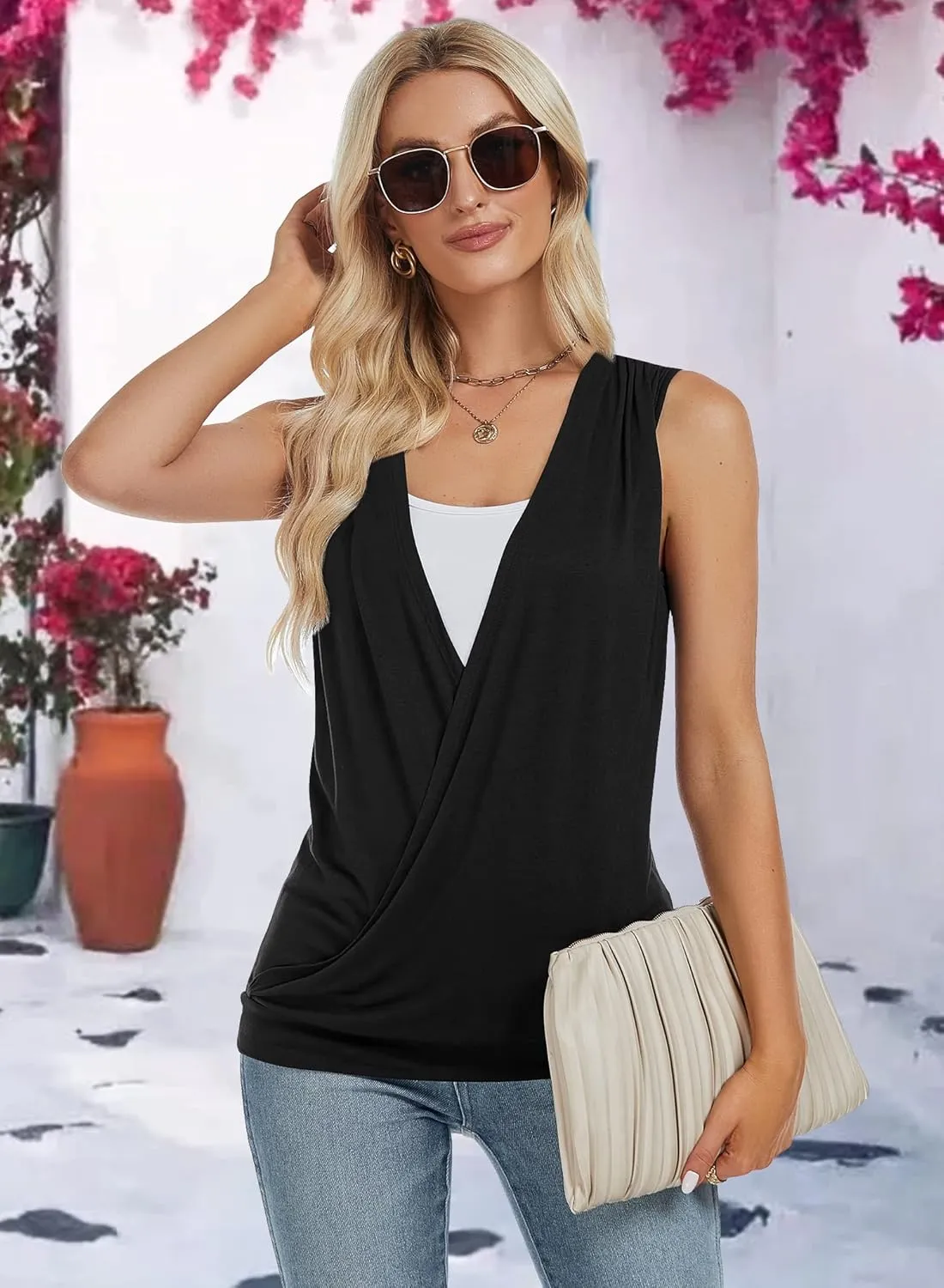 RANPHEE Womens Summer Casual Sleeveless Hide Belly Fat Banded Bottom Wrap Tops T-Shirts