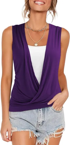 RANPHEE Womens Summer Casual Sleeveless Hide Belly Fat Banded Bottom Wrap Tops T-Shirts