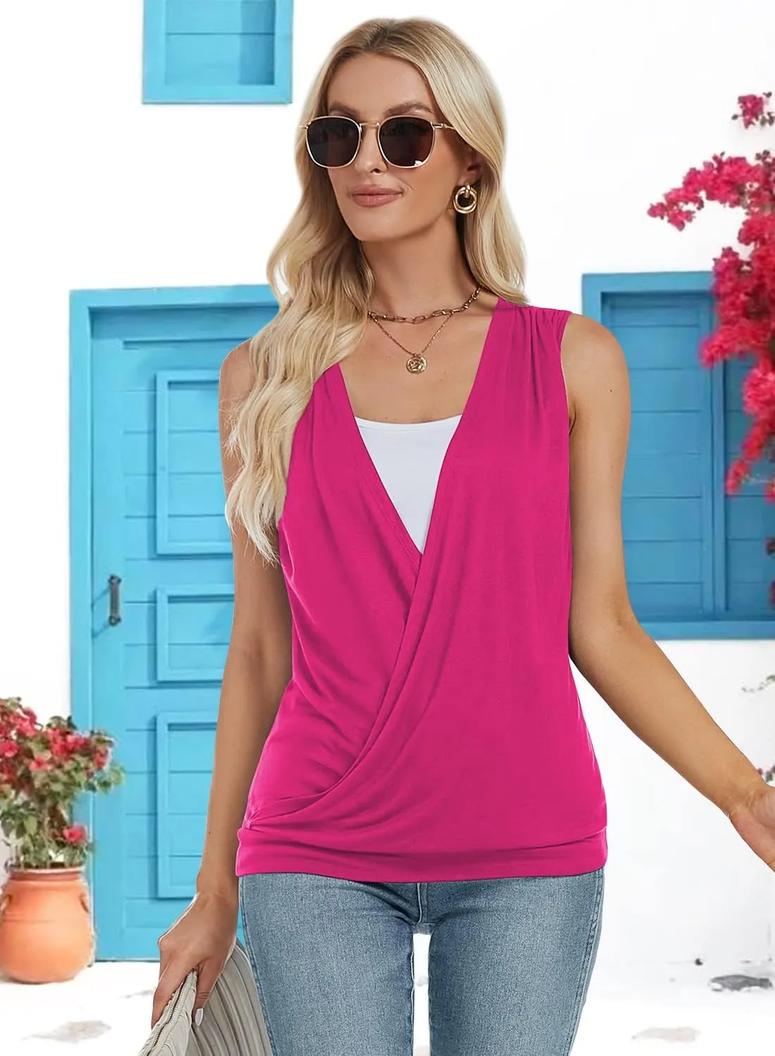 RANPHEE Womens Summer Casual Sleeveless Hide Belly Fat Banded Bottom Wrap Tops T-Shirts