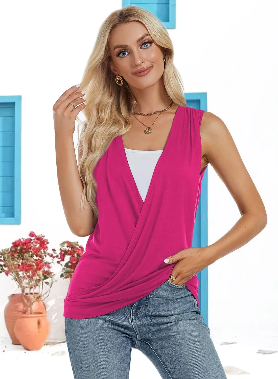 RANPHEE Womens Summer Casual Sleeveless Hide Belly Fat Banded Bottom Wrap Tops T-Shirts