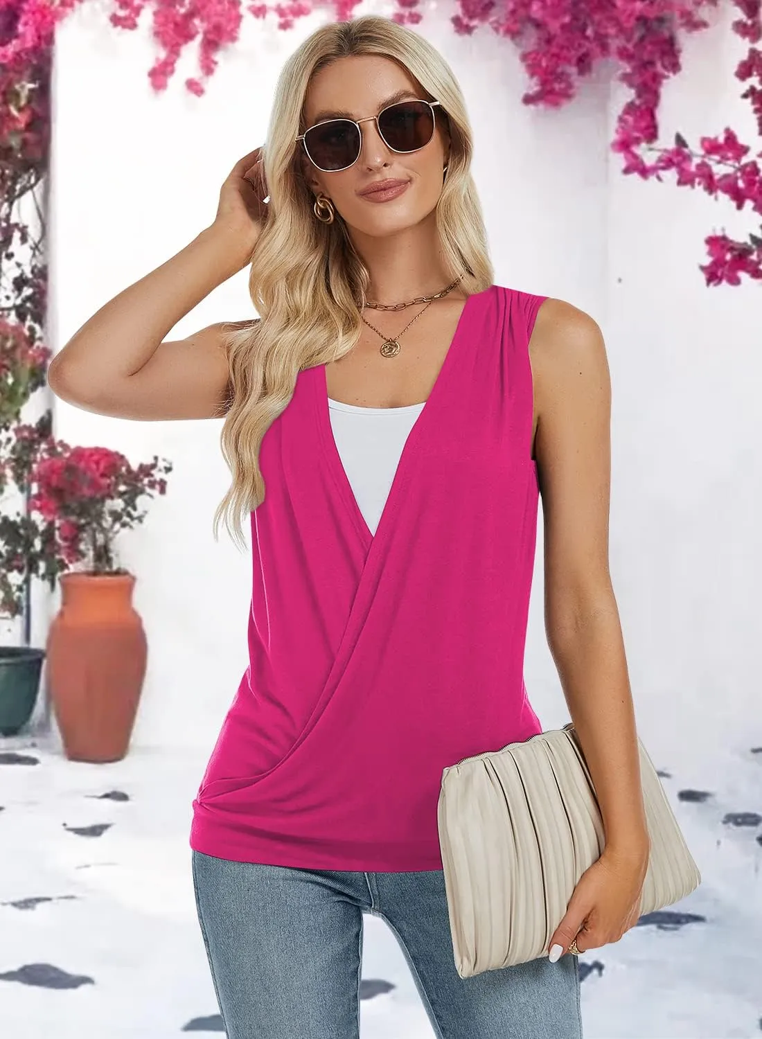 RANPHEE Womens Summer Casual Sleeveless Hide Belly Fat Banded Bottom Wrap Tops T-Shirts