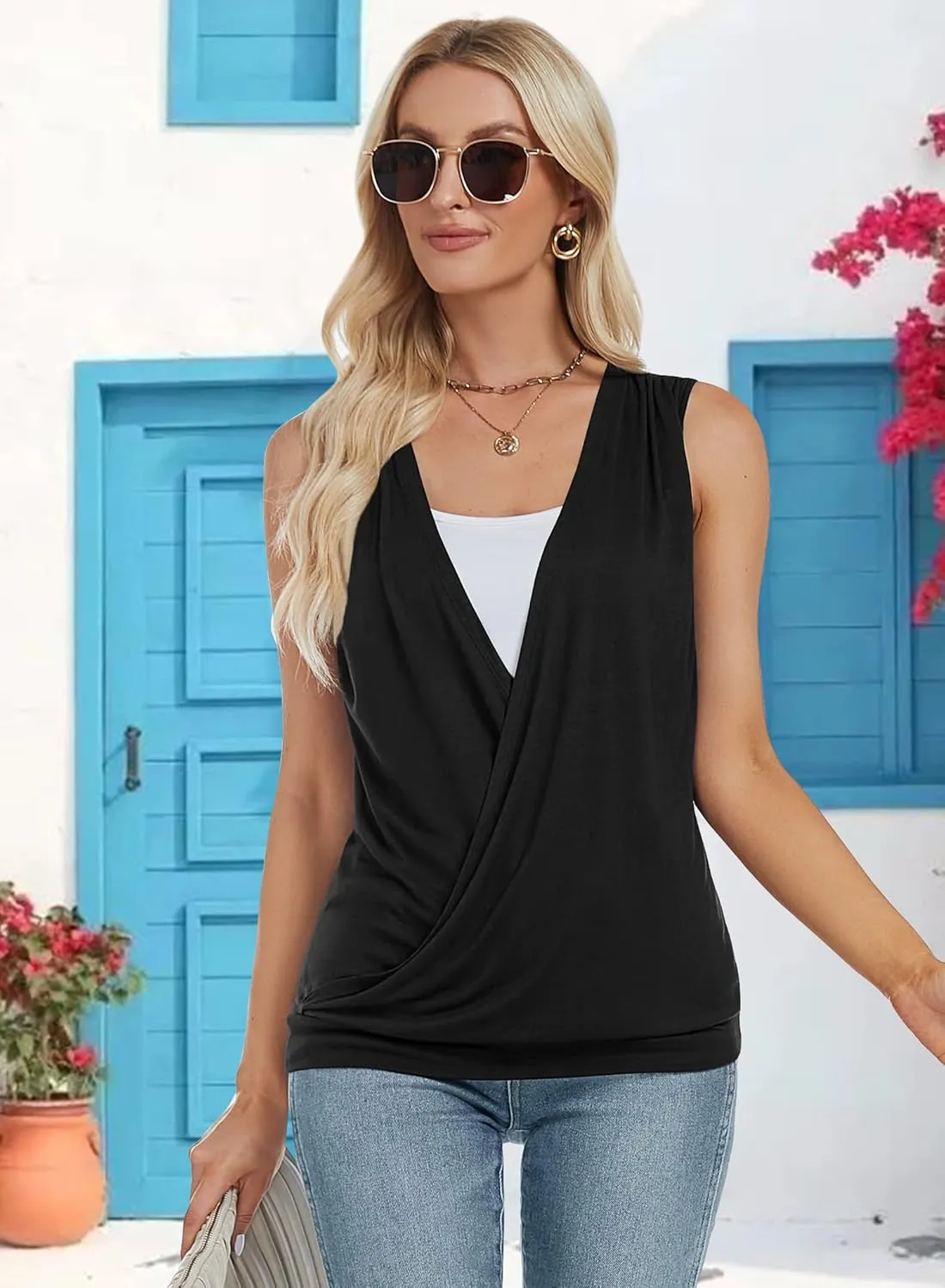 RANPHEE Womens Summer Casual Sleeveless Hide Belly Fat Banded Bottom Wrap Tops T-Shirts