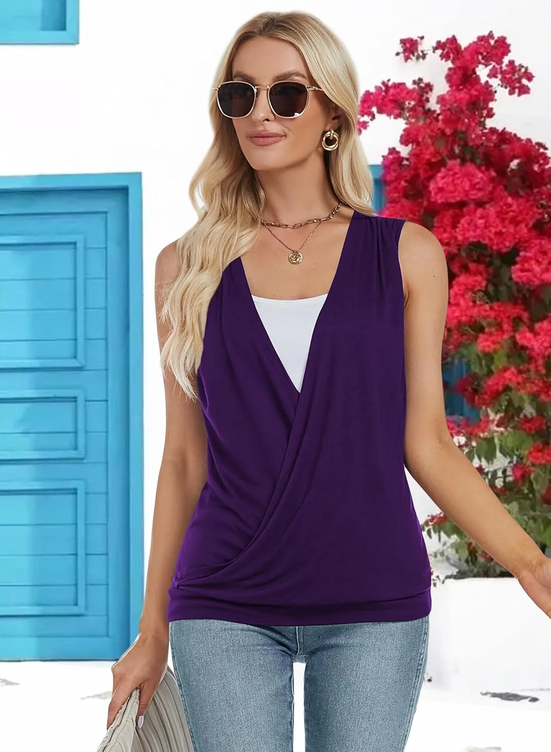 RANPHEE Womens Summer Casual Sleeveless Hide Belly Fat Banded Bottom Wrap Tops T-Shirts