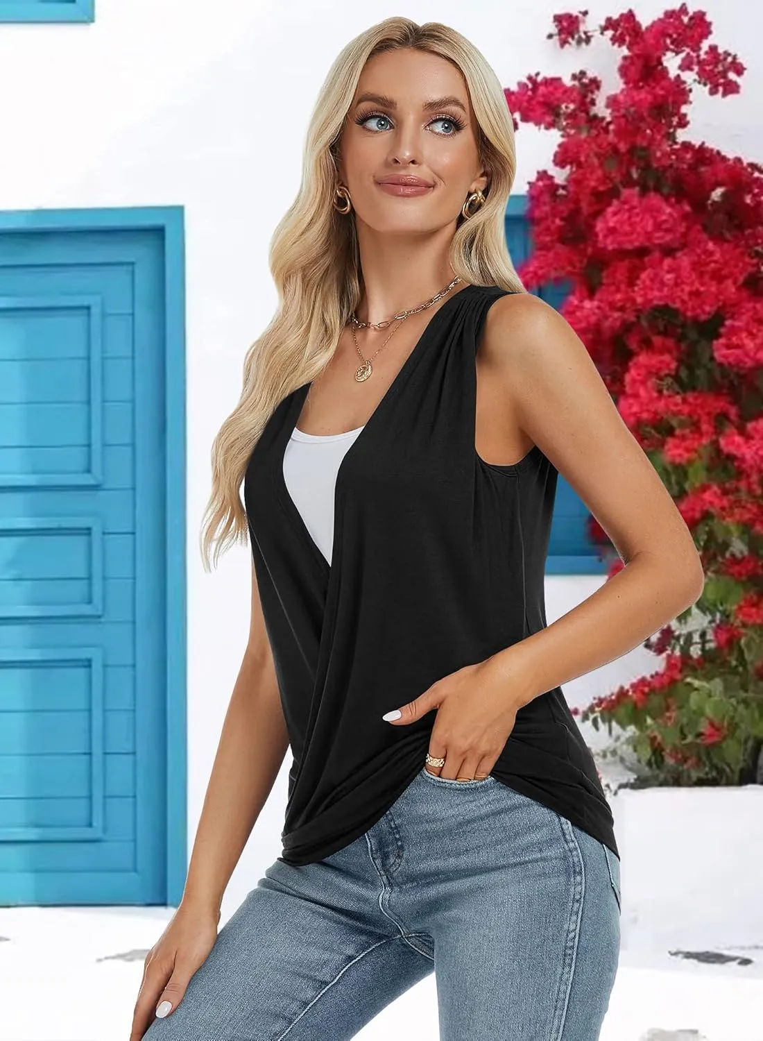 RANPHEE Womens Summer Casual Sleeveless Hide Belly Fat Banded Bottom Wrap Tops T-Shirts