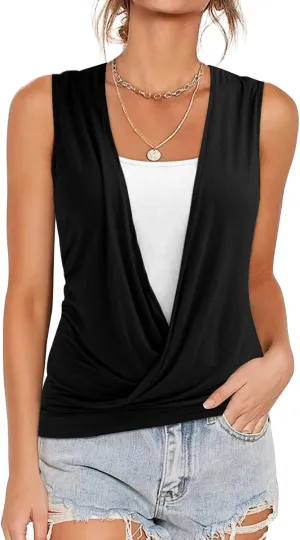 RANPHEE Womens Summer Casual Sleeveless Hide Belly Fat Banded Bottom Wrap Tops T-Shirts