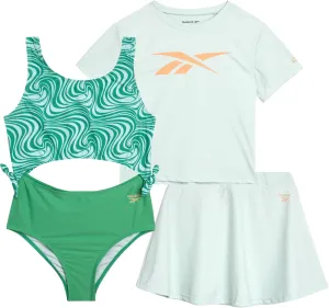 Reebok Girls' Bathing Suit Set - 3 Piece Quick Dry T-Shirt and Skirt with One Piece Cut Out Monokini Swimsuit - Swimwear Set