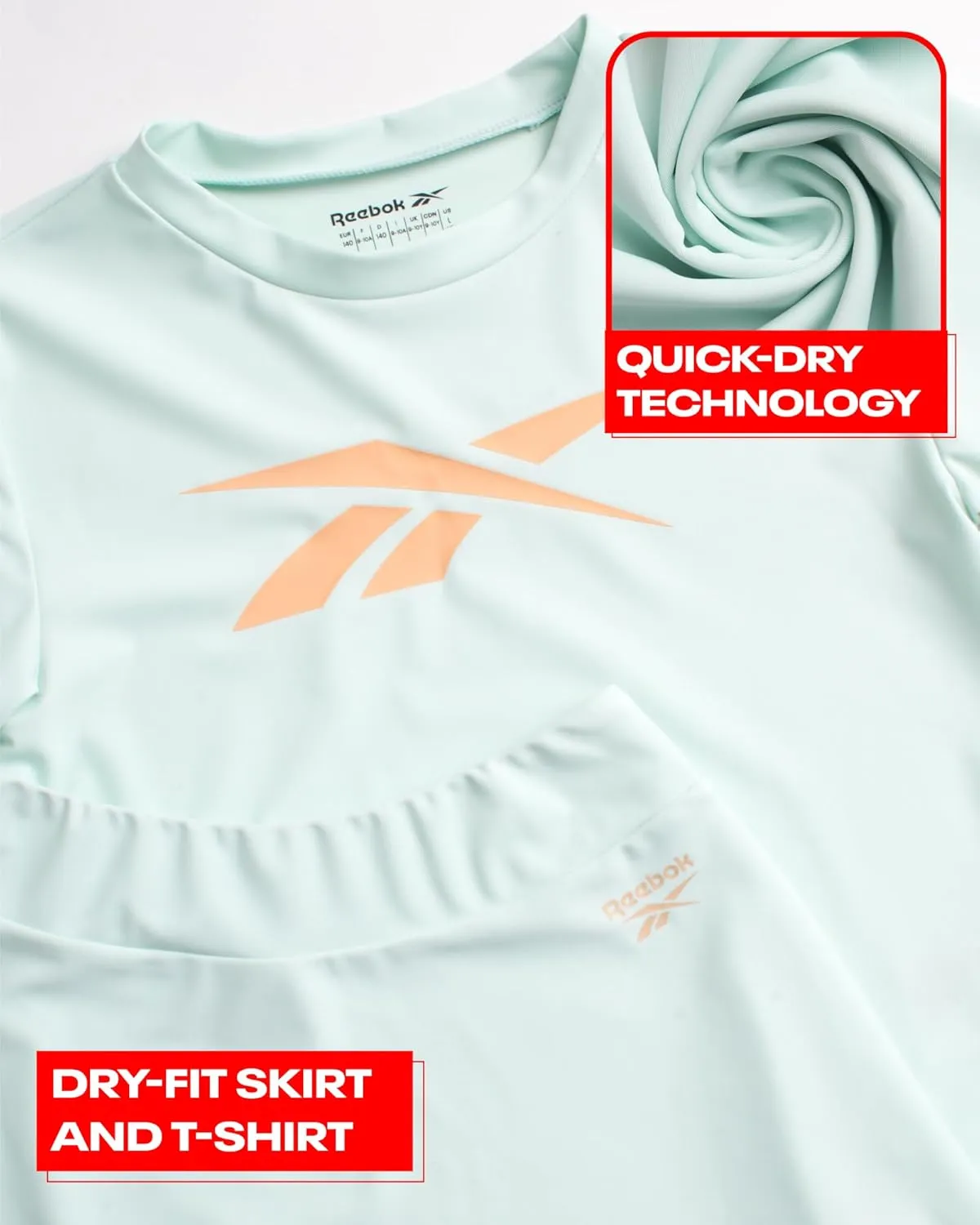 Reebok Girls' Bathing Suit Set - 3 Piece Quick Dry T-Shirt and Skirt with One Piece Cut Out Monokini Swimsuit - Swimwear Set