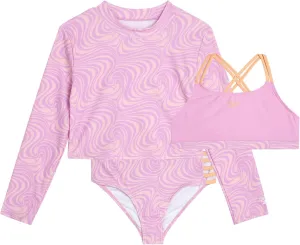 Reebok Girls' Rash Guard Set - 3 Piece UPF 50  Long Sleeve Swim Shirt with Bikini Swimsuit - Swimwear Set for Girls (4-16)