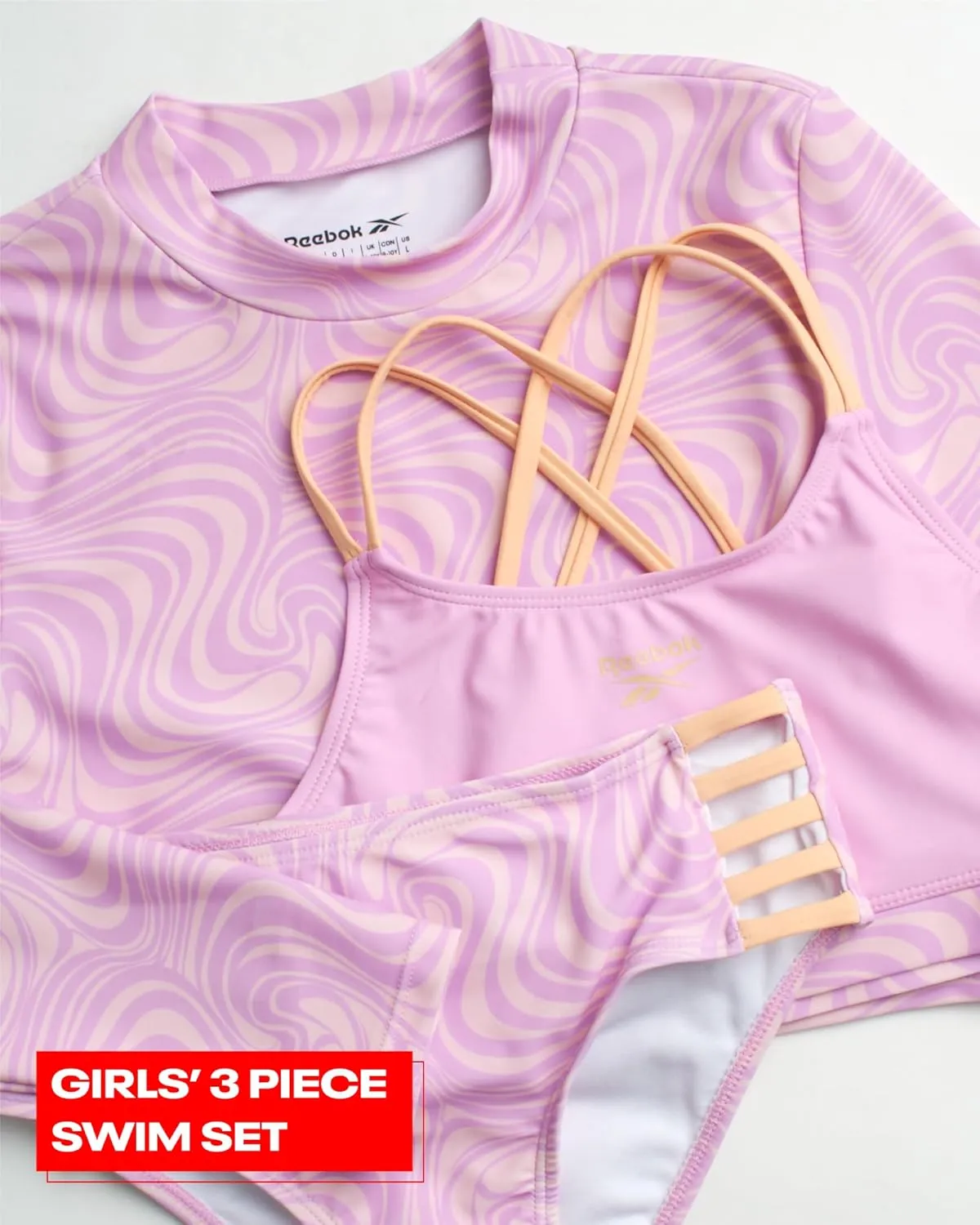 Reebok Girls' Rash Guard Set - 3 Piece UPF 50  Long Sleeve Swim Shirt with Bikini Swimsuit - Swimwear Set for Girls (4-16)