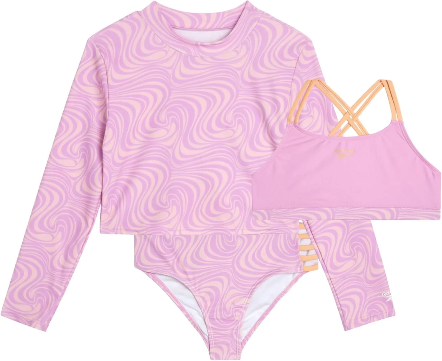 Reebok Girls' Rash Guard Set - 3 Piece UPF 50  Long Sleeve Swim Shirt with Bikini Swimsuit - Swimwear Set for Girls (4-16)