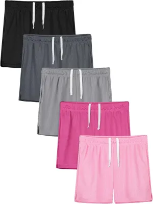 Resinta 5 Pack Youth Girls Mesh Athletic Shorts Quick Dry Basketball Soccer Running Gym Shorts with Drawstring Pocket
