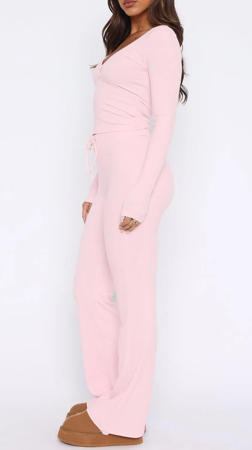 REVETRO Lounge Sets For Women Sexy V Neck Pajama Set Long Sleeve Shirts 2 Piece PJ Set Y2k Workout Sets For GYM