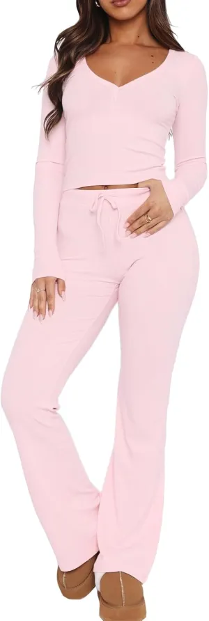 REVETRO Lounge Sets For Women Sexy V Neck Pajama Set Long Sleeve Shirts 2 Piece PJ Set Y2k Workout Sets For GYM