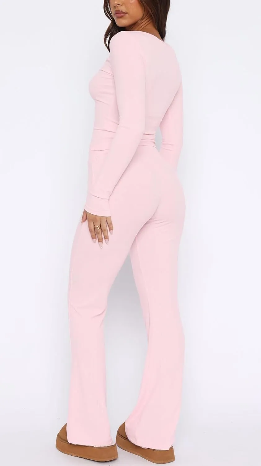 REVETRO Lounge Sets For Women Sexy V Neck Pajama Set Long Sleeve Shirts 2 Piece PJ Set Y2k Workout Sets For GYM