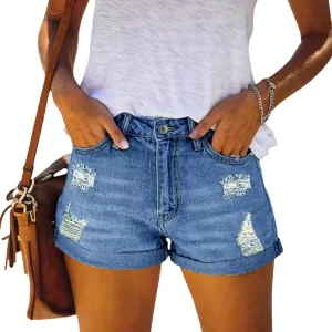 Ripped Jean Shorts Womens Roll Up Stretchy Denim Shorts Summer Low Rise Button Jean Short Casual Blue Jeans
