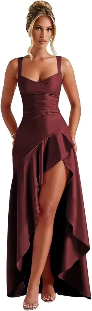 Ruffles Prom Dresses 2025 Satin High Low Satin Bridesmaid Dresses for Women IMC069