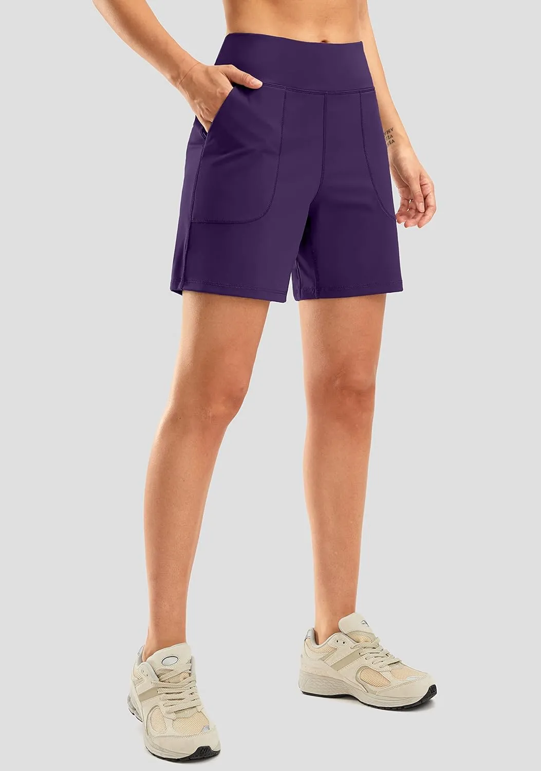SANTINY Women's 6'' Athletic Long Shorts with 4 Pockets High Waisted Bermuda Shorts for Women Walking Running Casual