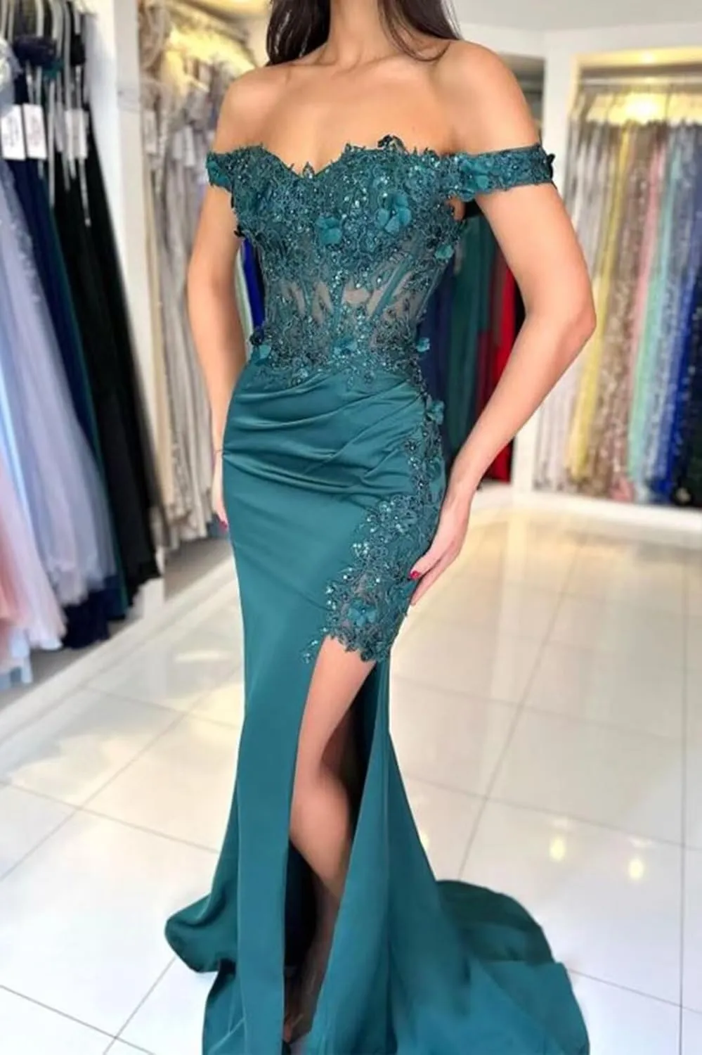 Satin Prom Dress for Women Laces Applique Off Shoulder Long Formal Evening Party Gowns with Slit