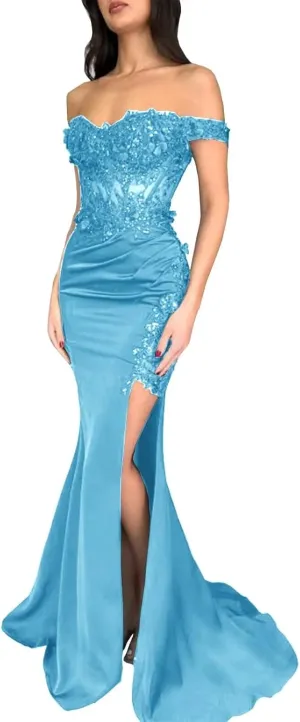 Satin Prom Dress for Women Laces Applique Off Shoulder Long Formal Evening Party Gowns with Slit