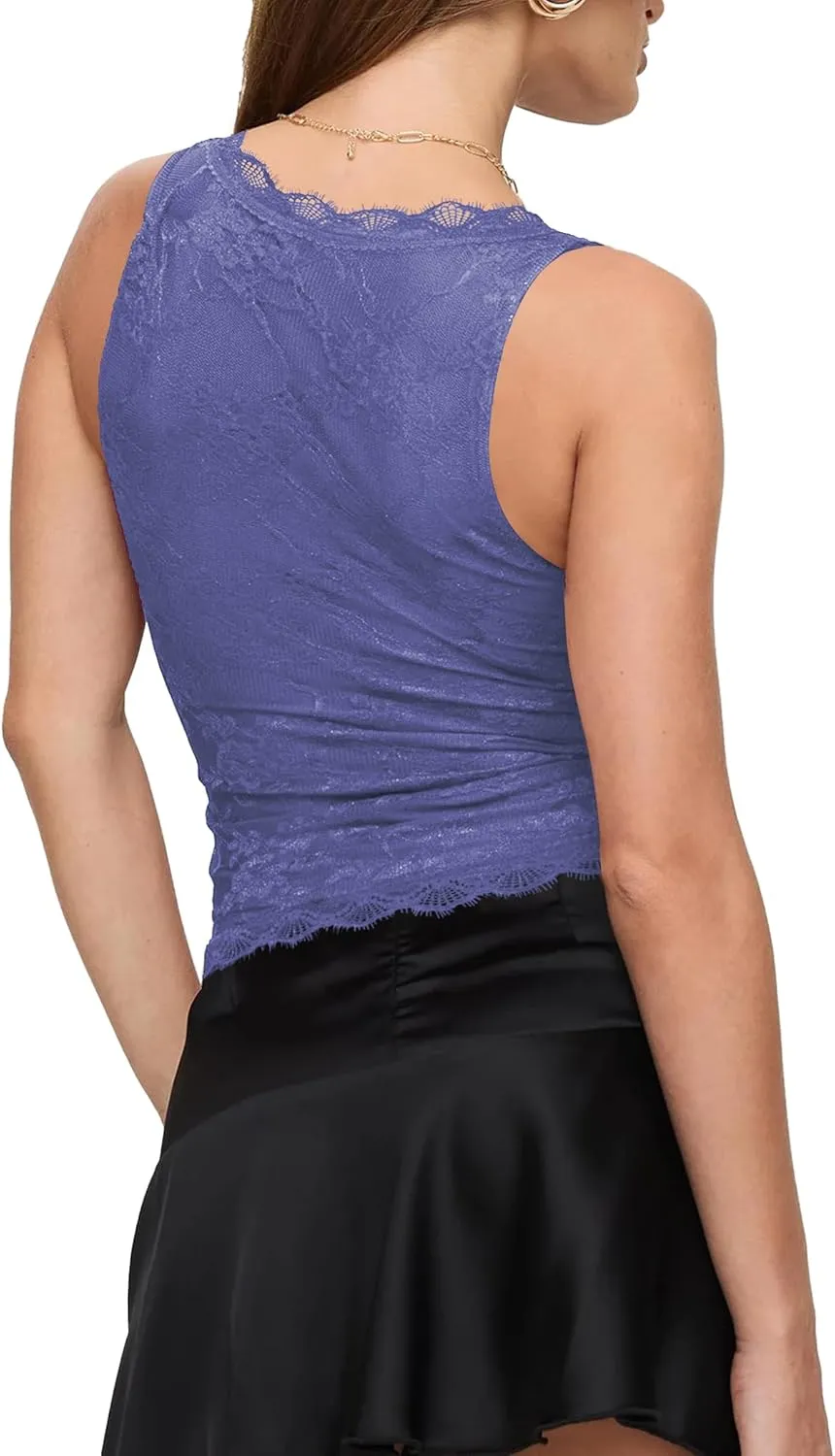 SAUNGKUAI Lace Going Out Tops for Women: V Neck Sleeveless Double Lined Y2K Tank Top Summer Outfits