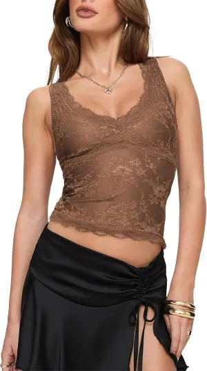 SAUNGKUAI Lace Going Out Tops for Women: V Neck Sleeveless Double Lined Y2K Tank Top Summer Outfits