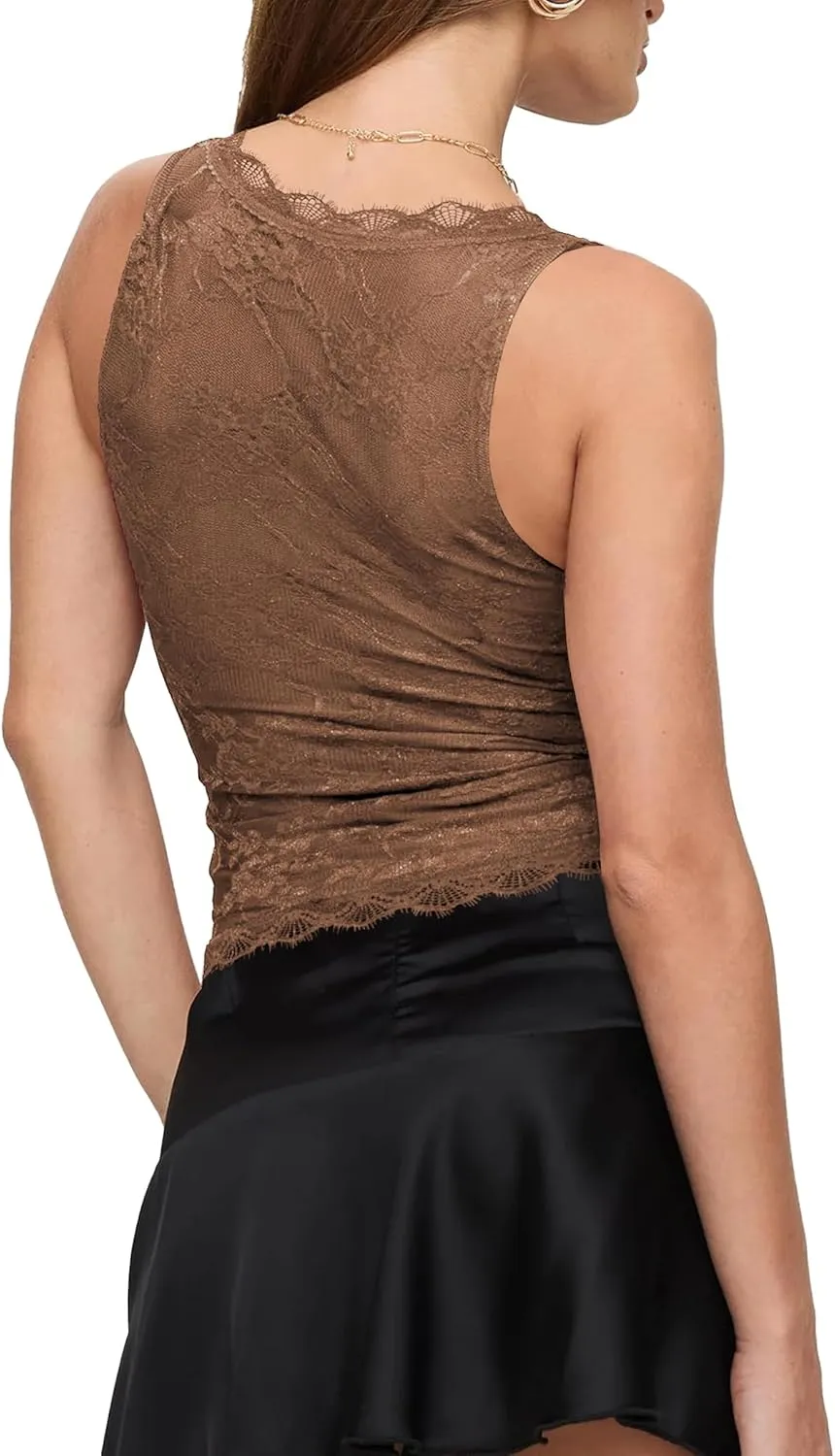 SAUNGKUAI Lace Going Out Tops for Women: V Neck Sleeveless Double Lined Y2K Tank Top Summer Outfits