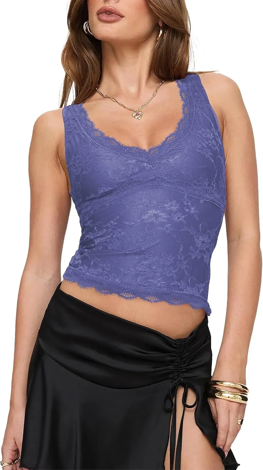 SAUNGKUAI Lace Going Out Tops for Women: V Neck Sleeveless Double Lined Y2K Tank Top Summer Outfits