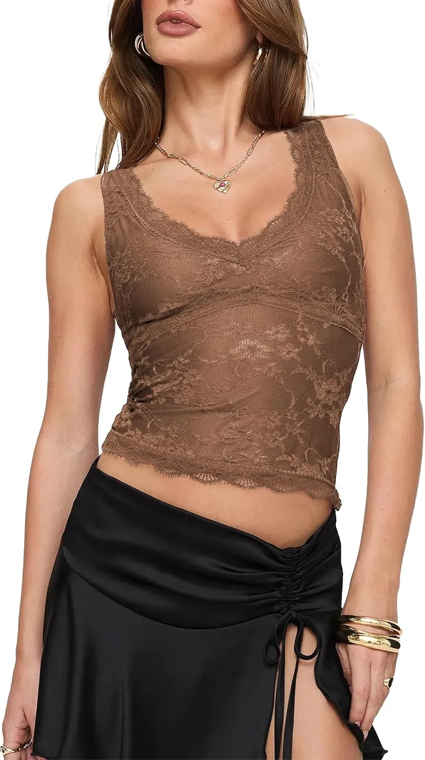SAUNGKUAI Lace Going Out Tops for Women: V Neck Sleeveless Double Lined Y2K Tank Top Summer Outfits