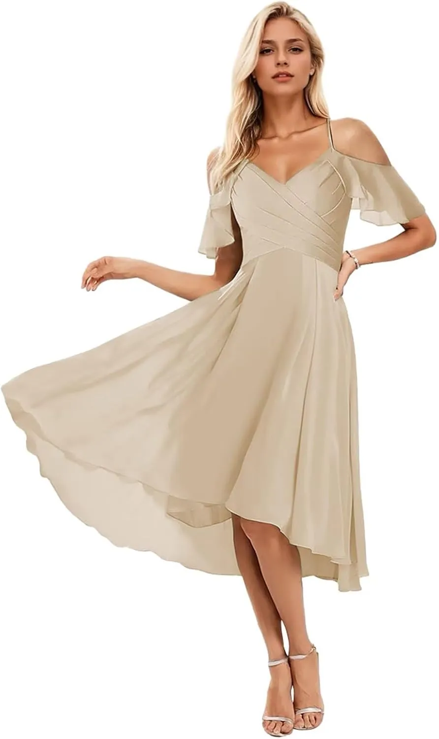 Short Bridesmaid Dresses for Women Cold Shoulder Formal Gown High Low Evening Dress with Sleeves