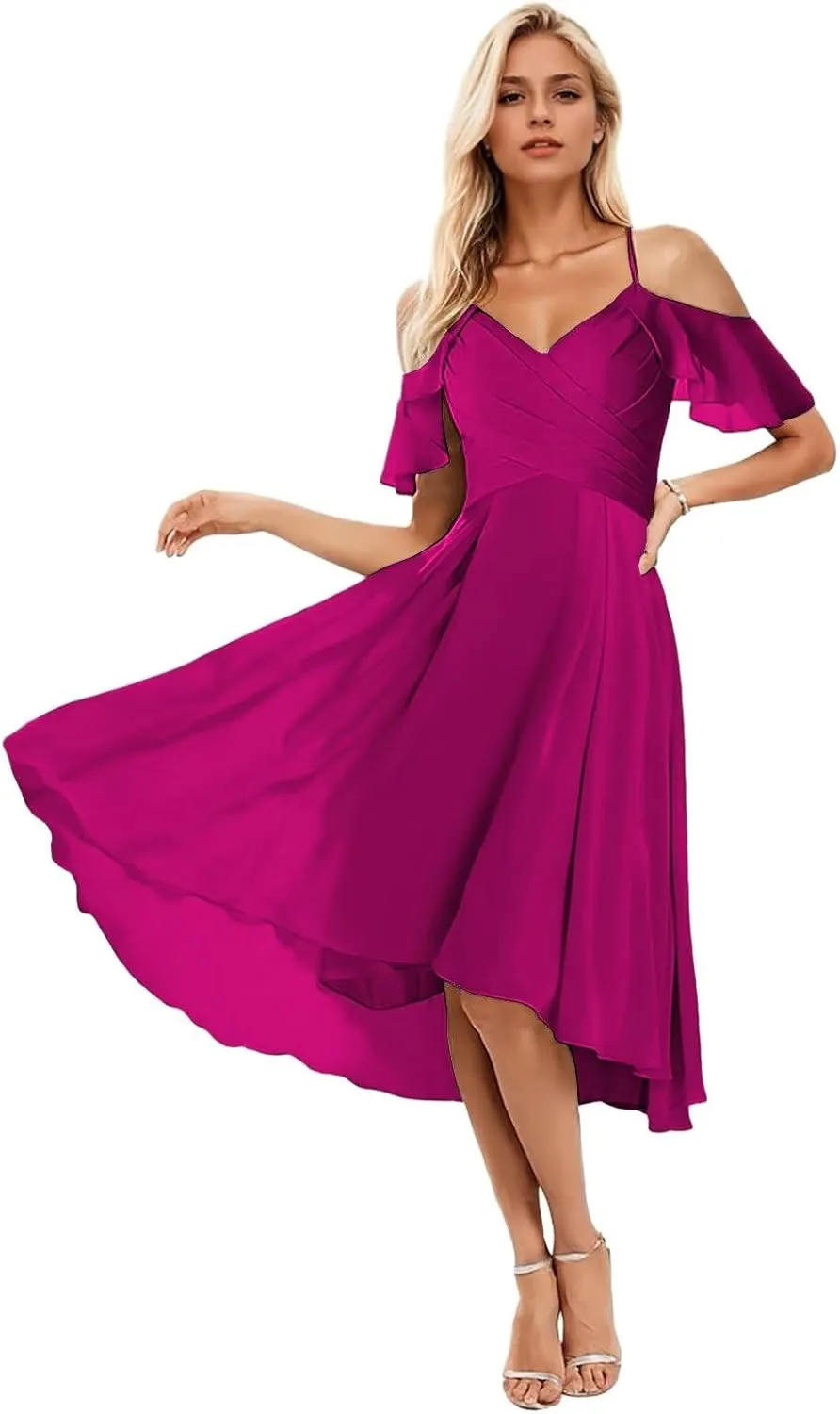 Short Bridesmaid Dresses for Women Cold Shoulder Formal Gown High Low Evening Dress with Sleeves
