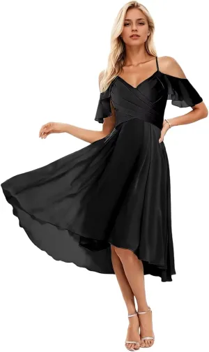 Short Bridesmaid Dresses for Women Cold Shoulder Formal Gown High Low Evening Dress with Sleeves