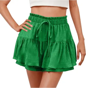 Shorts for Women Trendy Ruffled Hem High Waisted Drawstring Short Pants Flowy Casual Summer Beach Skirt Shorts 2025