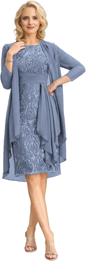 SIPUHK 2 Pieces Mother of The Bride Dresses with Jacket Lace Applique 3/4 Sleeve Bodycon Formal Dress for Women Wedding Guest