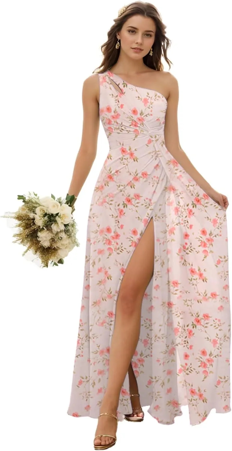 SIPUHK One Shoulder Bridesmaid Dresses for Wedding Pleated Chiffon Formal Dress with Slit Long Evening Gowns for Women 2024