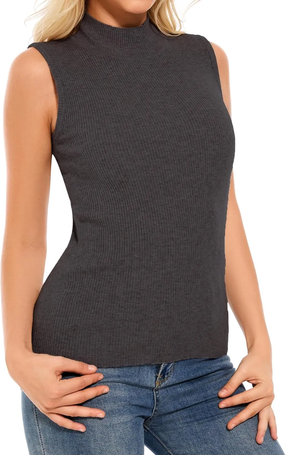 Sleeveless Mock Neck Tops for Women Ribbed Sweater Vest Mock Turtleneck Sleeveless Tops