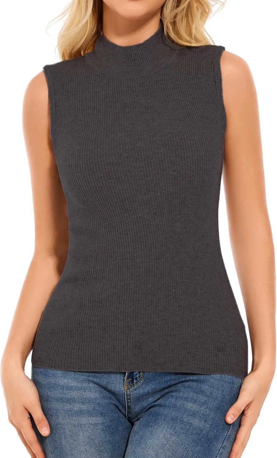 Sleeveless Mock Neck Tops for Women Ribbed Sweater Vest Mock Turtleneck Sleeveless Tops