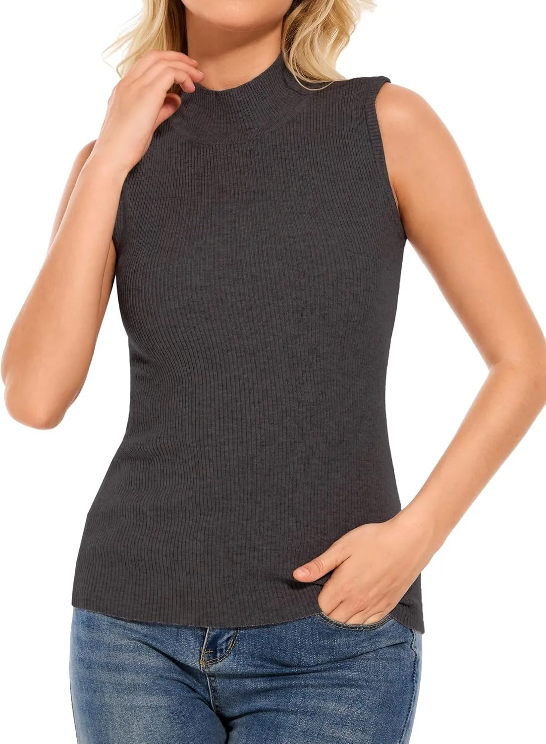 Sleeveless Mock Neck Tops for Women Ribbed Sweater Vest Mock Turtleneck Sleeveless Tops