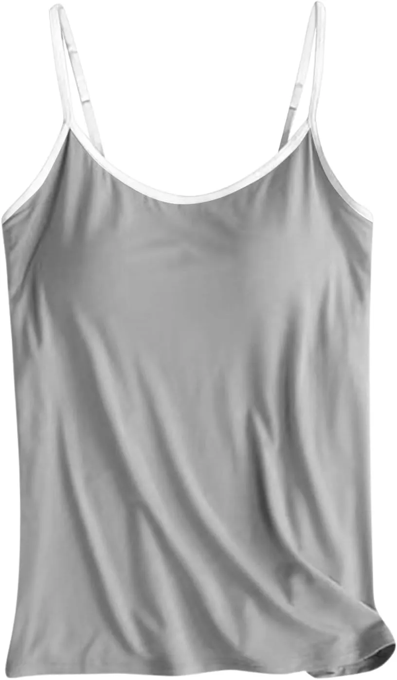 Sleeveless Summer Womens Tank Tops with Built in Bra, Basic Padded Top Adjustable Spaghetti Strap Shapewear Camisole