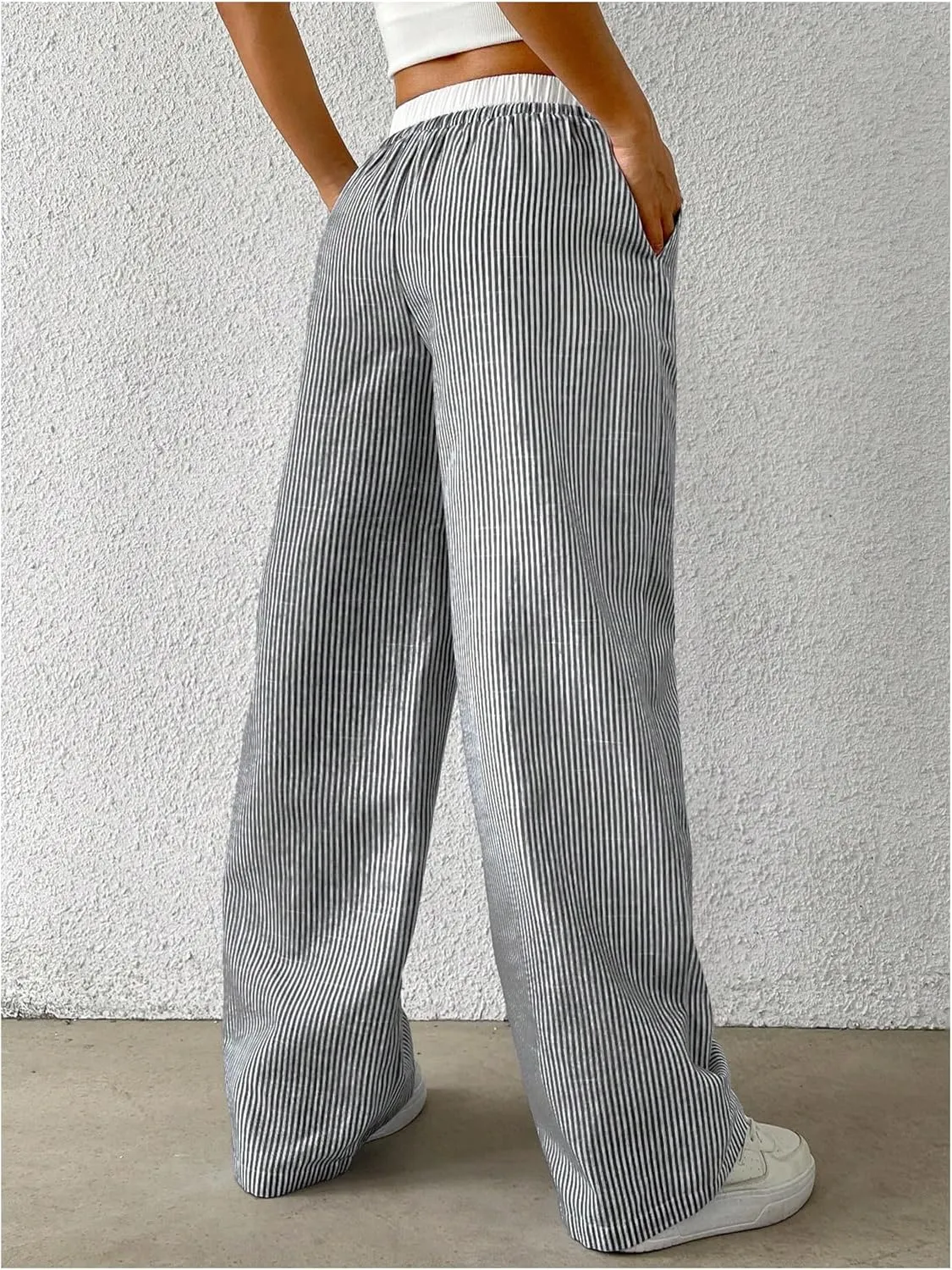 SOLY HUX Women's Striped Wide Leg Pants Drawstring High Waisted Baggy Casual Long Pants