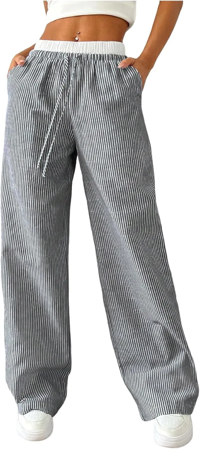 SOLY HUX Women's Striped Wide Leg Pants Drawstring High Waisted Baggy Casual Long Pants