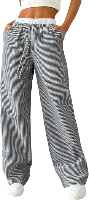 SOLY HUX Women's Striped Wide Leg Pants Drawstring High Waisted Baggy Casual Long Pants