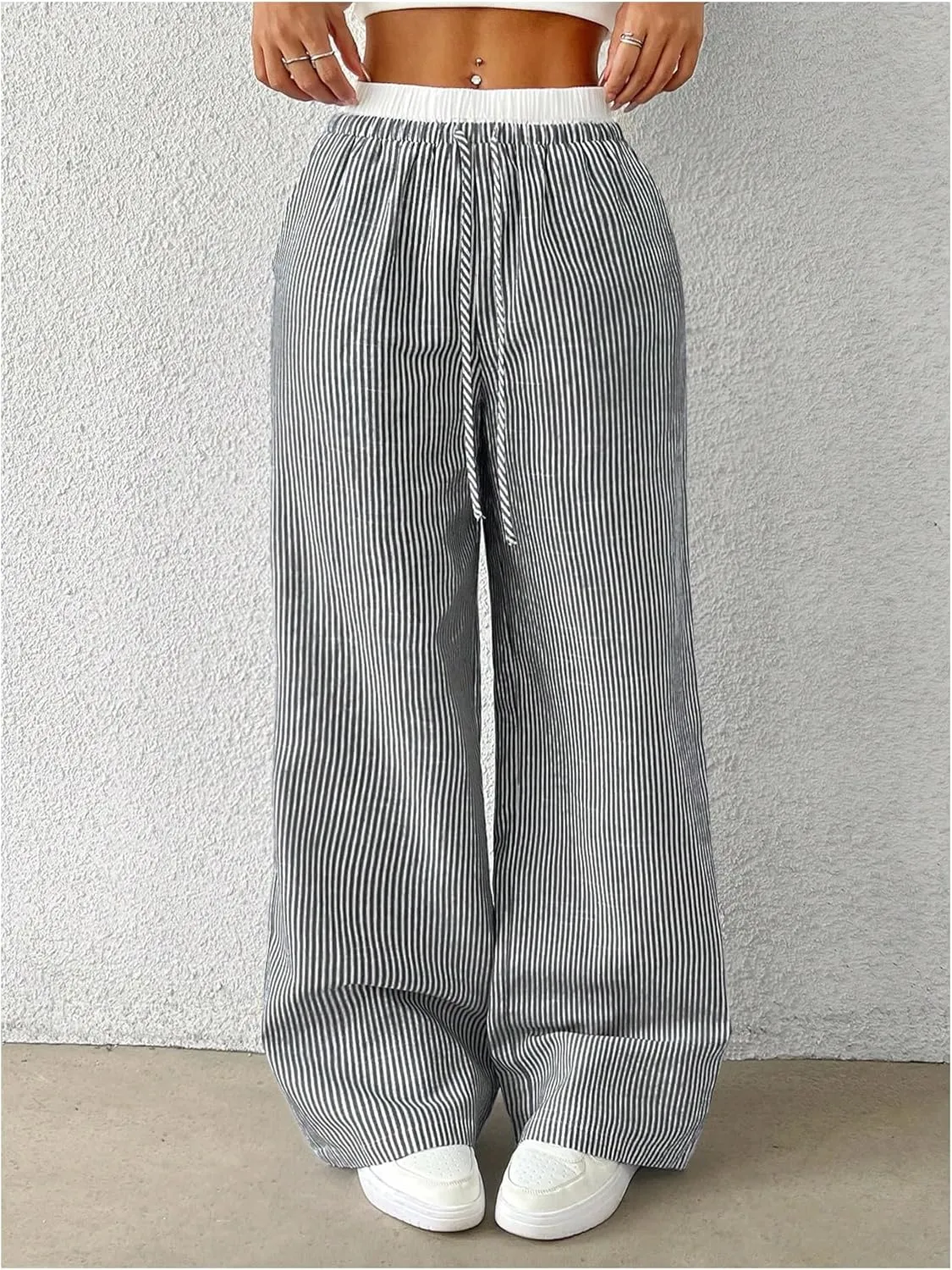 SOLY HUX Women's Striped Wide Leg Pants Drawstring High Waisted Baggy Casual Long Pants