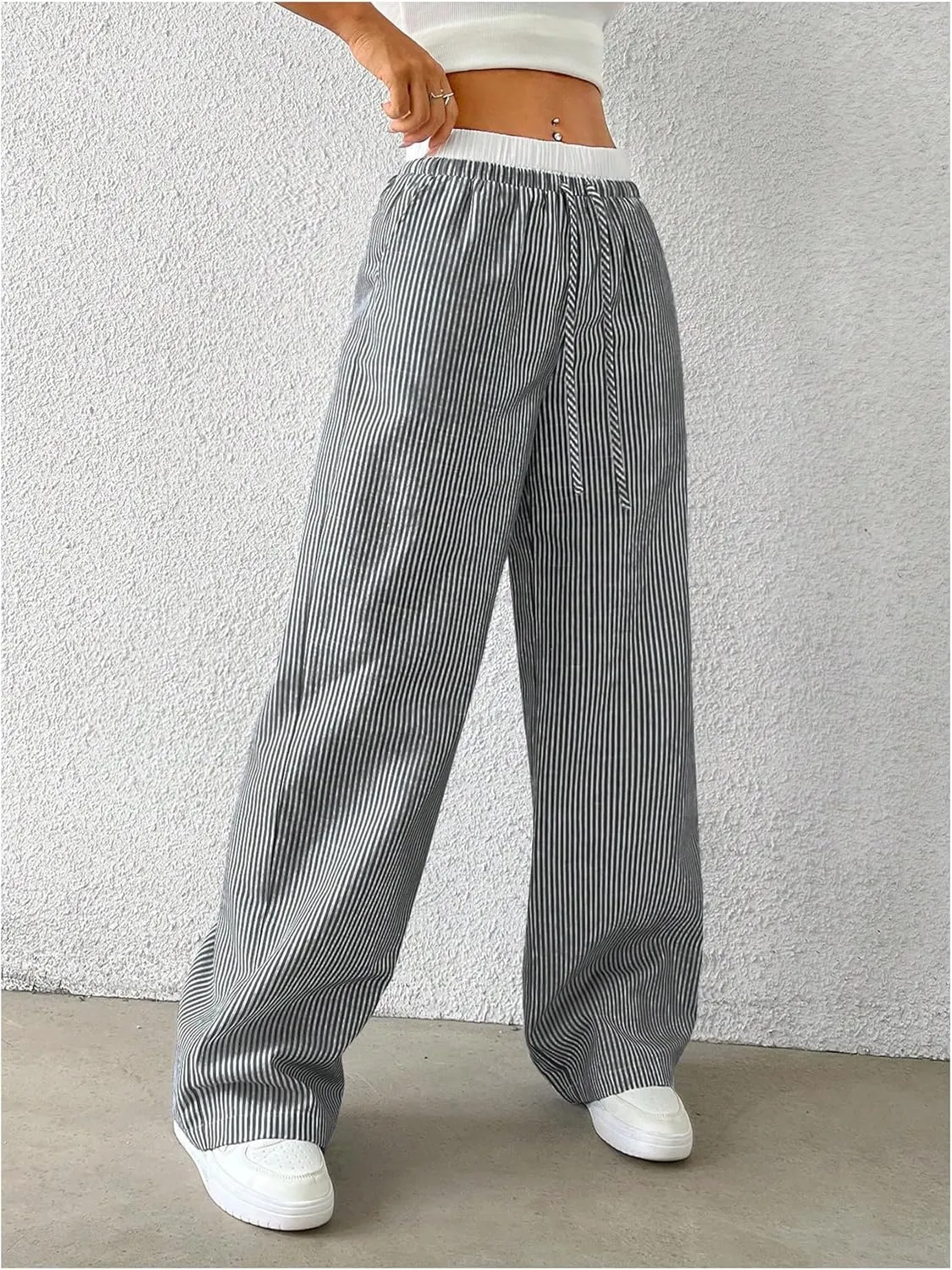 SOLY HUX Women's Striped Wide Leg Pants Drawstring High Waisted Baggy Casual Long Pants