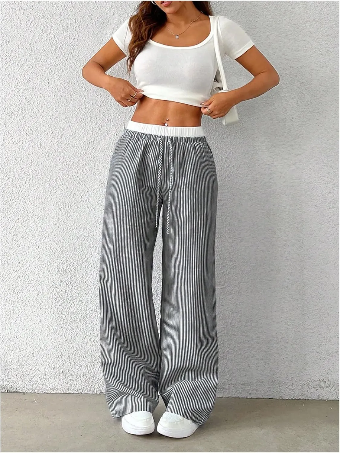SOLY HUX Women's Striped Wide Leg Pants Drawstring High Waisted Baggy Casual Long Pants