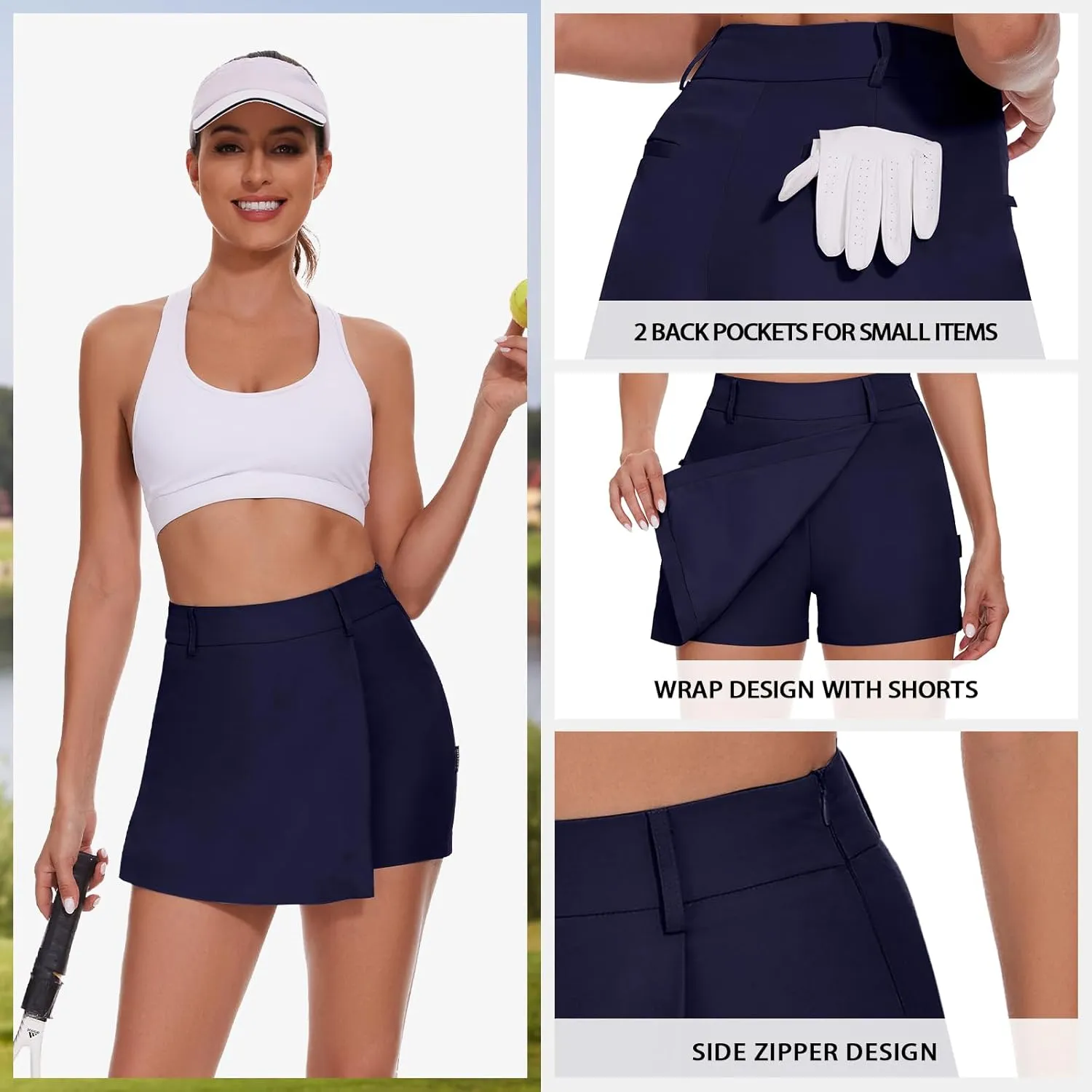 Soneven Women's Golf Skorts Skirts 15'' High Waisted Golf Shorts Athletic Tennis Skirt Built-in Shorts with Pockets